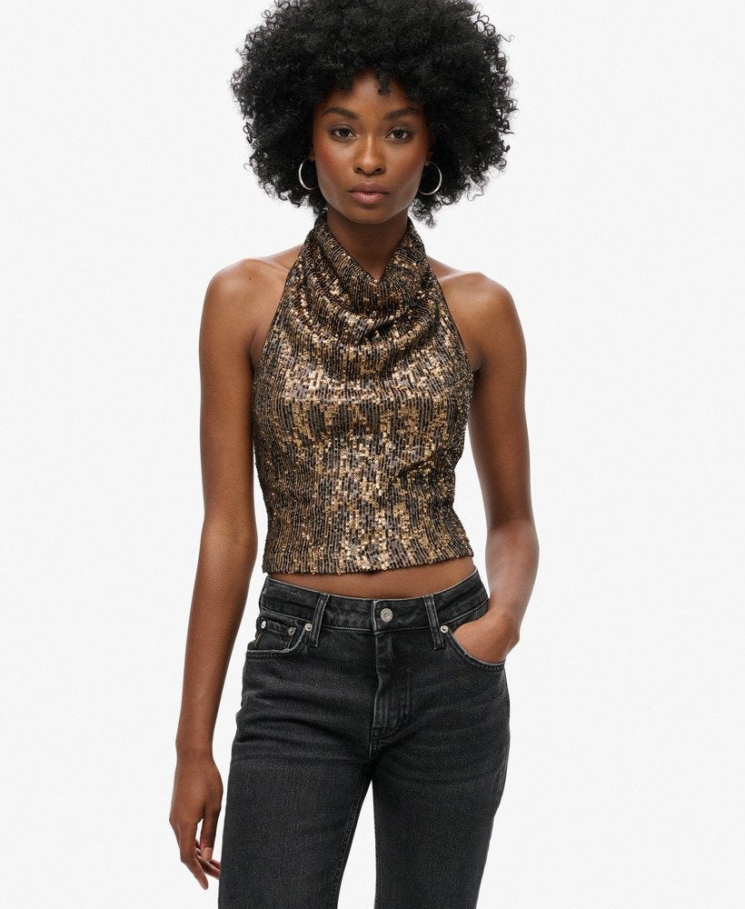 Cowl Halter Neck Sequin Slim Fit Top | Brown Gold Sequin