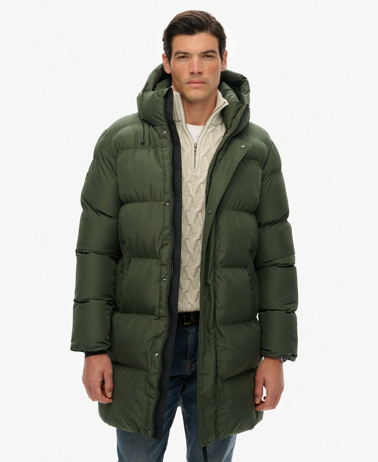 Hooded Sports Puffer Mid Jacket | Dark Moss Green