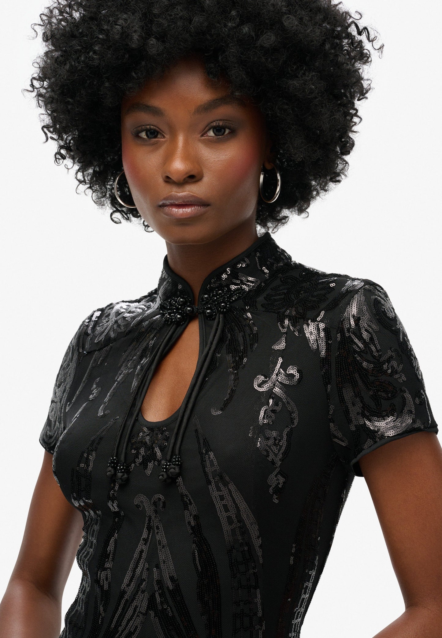 Mandarin Sequin Mini Dress | Art Deco Black Sequin