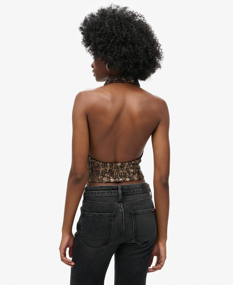 Cowl Halter Neck Sequin Slim Fit Top | Brown Gold Sequin